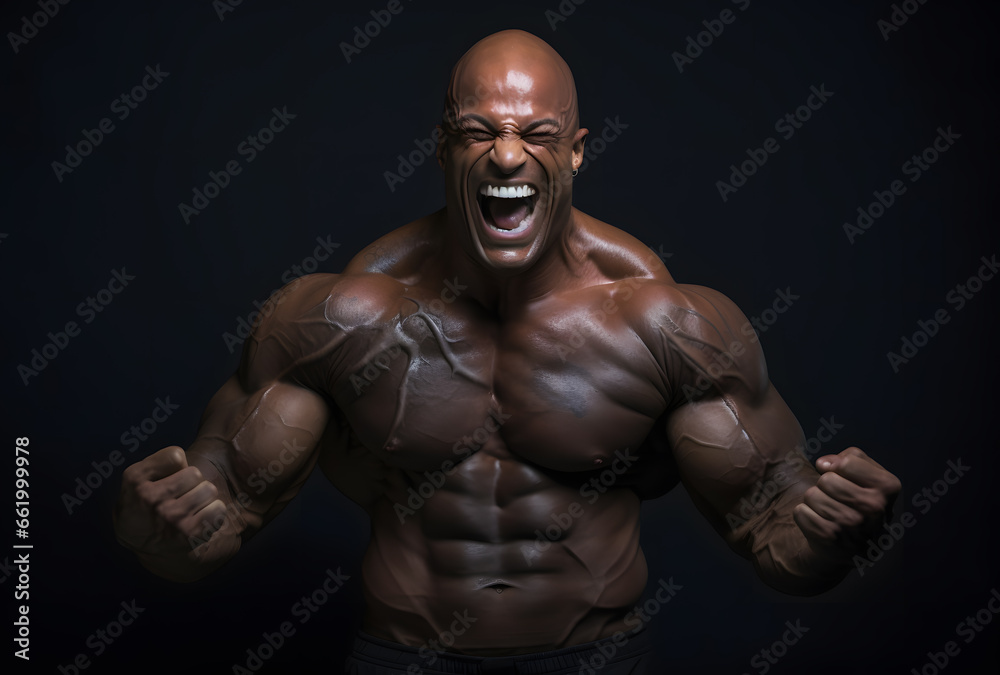 Shirtless black bodybuilder flexing his muscles on a black background