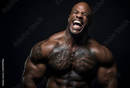 Shirtless tattoed black bodybuilder flexing his muscles and laughing on a black background