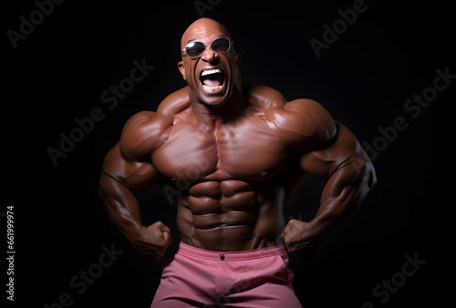 Shirtless bodybuilder with sunglasses flexing his muscles on a black background