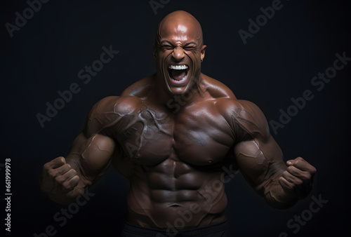 Shirtless black bodybuilder flexing his muscles on a black background
