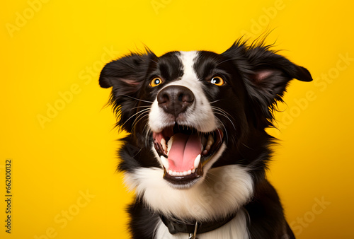 Happy smiling Border Collie on a yellow background