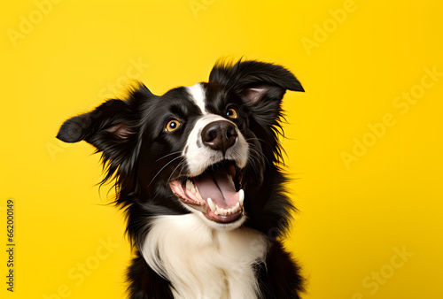Happy smiling Border Collie on a yellow background © fraudiana