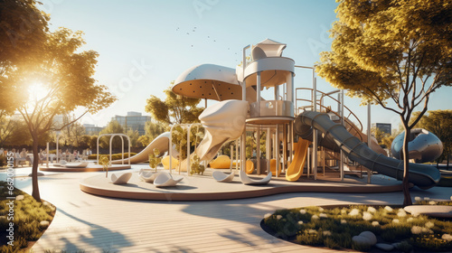 modern playground, fantastic urban design, childhood, place to walk with children, park, outdoor games, architecture, attractions, slides, play area, tunnel, kids house, windows, stairs, light, fun