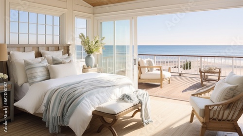 A coastal-themed bedroom with nautical accents and a breathtaking ocean view.