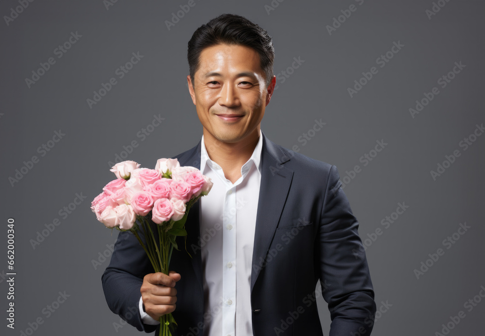 Successful male gentleman holding a bouquet of beautiful flowers in his hands Successful male gentleman holding a bouquet of beautiful flowers in his hands