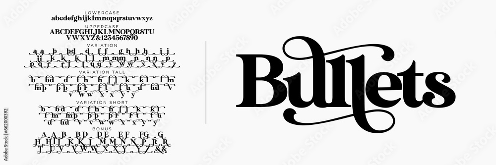 Elegant Font Uppercase Lowercase and Number. Classic Lettering Minimal Fashion Designs. Typography modern serif fonts regular decorative vintage vector illustration | Black Mantis Font Variation - obrazy, fototapety, plakaty 