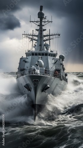 Warship sailing through rough waters