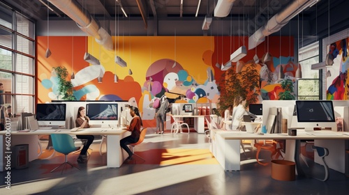 A collaborative workspace with standing desks and a vibrant, energetic atmosphere. photo