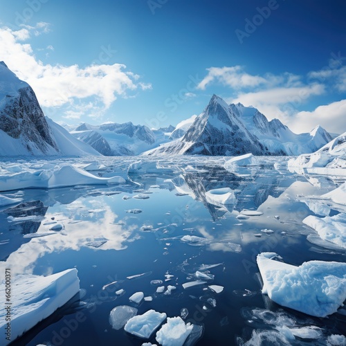 Snowy mountains reflected in calm water around ice floe