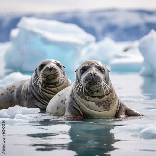 Seals lounging on ice floe in Antarctica