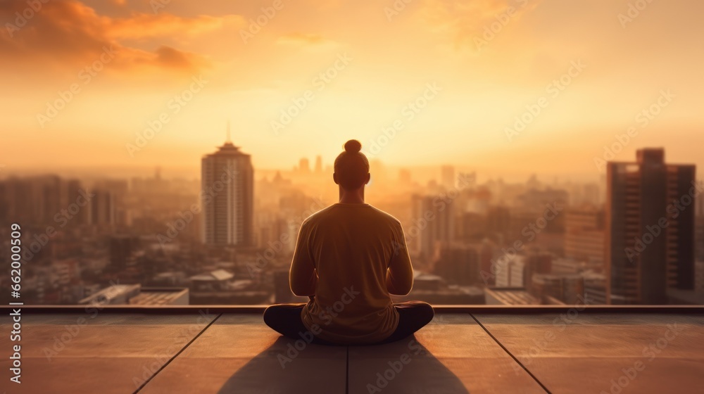 Man practicing yoga towards the view overlooking a crowded cityscape Man practicing yoga towards the view overlooking a crowded cityscape
