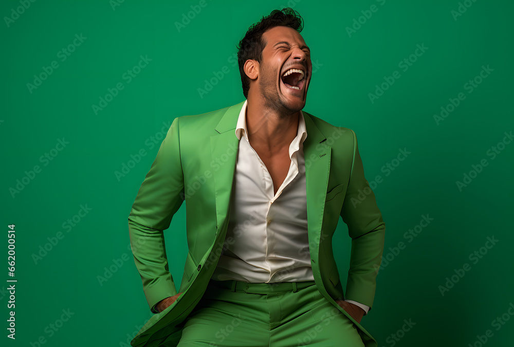 Portrait of a happy man laughing on a green background Portrait of a happy man laughing on a green background