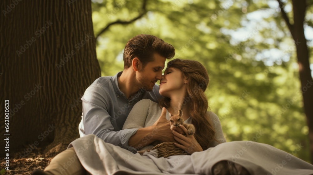 A couple spending time under a tree in a lush green nature A couple spending time under a tree in a lush green nature