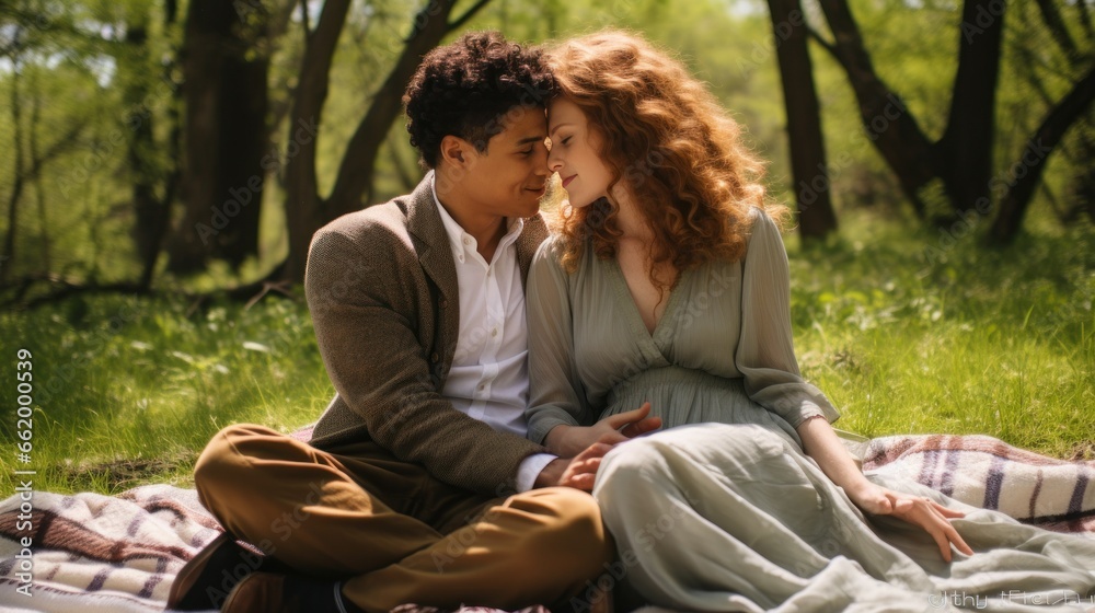 A couple spending time under a tree in a lush green nature A couple spending time under a tree in a lush green nature