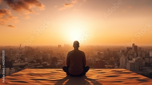Man practicing yoga towards the view overlooking a crowded cityscape