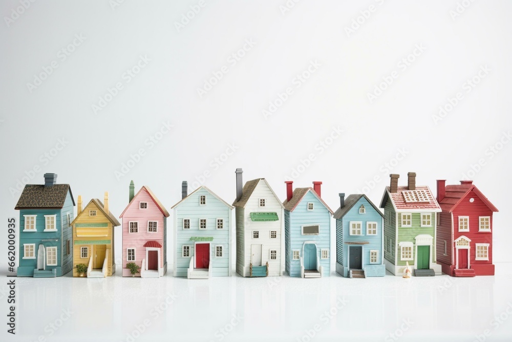 Line of tiny vibrant vintage homes over a white backdrop. Generative AI