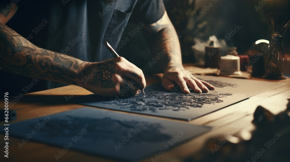 A tattoo artist drawing tattoo patterns A tattoo artist drawing tattoo patterns