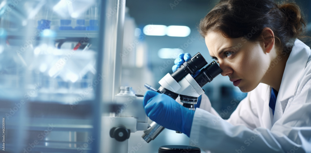 Girl scientist looks into a microscope, science research. Panorama with place for your text Girl scientist looks into a microscope, science research. Panorama with place for your text