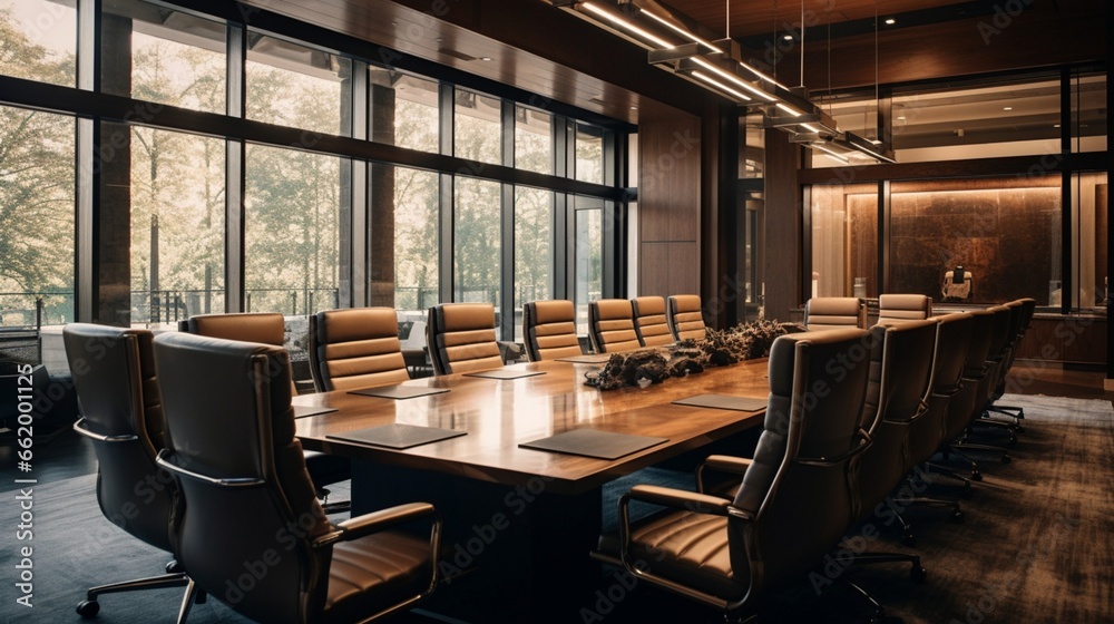 A conference room with a long wooden table and leather chairs under soft, diffused lighting.
