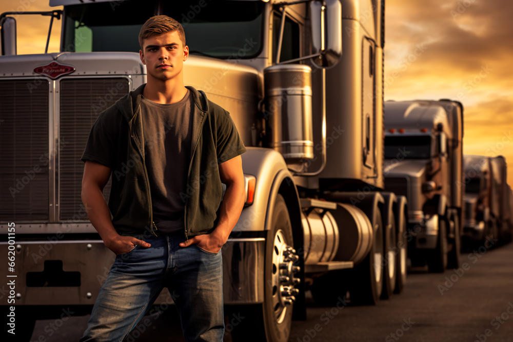 Handsome European truck driver on the background of a truck on the road. The profession of truck driver. Handsome European truck driver on the background of a truck on the road. The profession of truck driver.