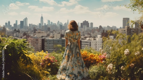 Beautiful young woman posing on a rooftop full of flowers and green plants overlooking the cityscape
