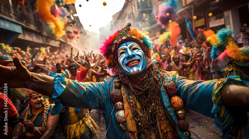 man celebrating Bolivian carnival  dancing with his colorful mask  Latin American culture and tradition  street carnival  typical clothing  native festivals