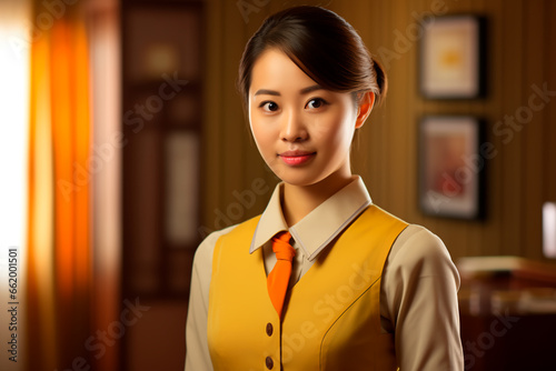 Beautiful maid with Asian appearance on the background of a hotel room.