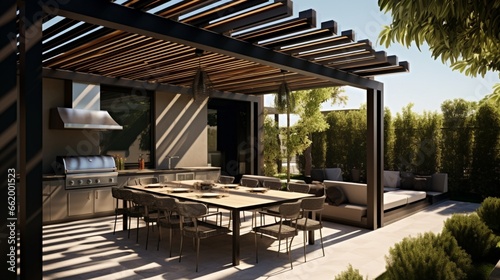 A contemporary outdoor kitchen and dining area with a grill, a dining table, and a pergola, ideal for outdoor entertaining and cooking.