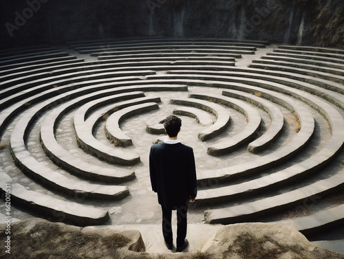 Man standing in maze labyrinth, choice concept.