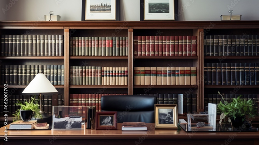 A corner of a law firm's office with shelves filled with legal books and framed diplomas. Stock