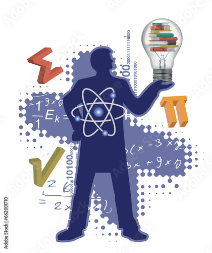 Teacher of Maths and Physics.
Mathematics and physics teacher stylized silhouette with mathematics and physics symbols and light bulb with books. Vector available.