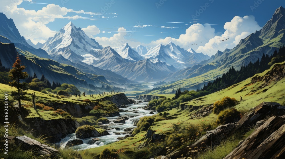 Captivating Alpine Beauty: A Breathtaking Panorama of Nature's Majestic Mountains and Serene Landscapes, generative AI