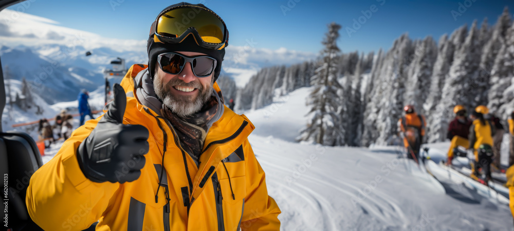 man giving thumbs up gesture with ski gear on a snowy hill in winter