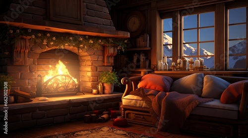 A cozy fireplace with a plush hearth seat.