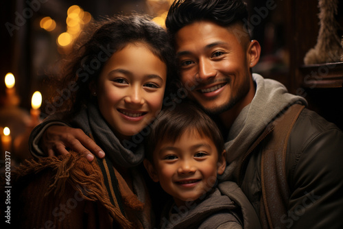 Heartwarming family(father, mother and son) portraits with a holiday theme for Christmas Day