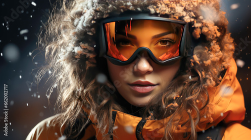 skier in the snow wearing ski googles orange, close-up portrait