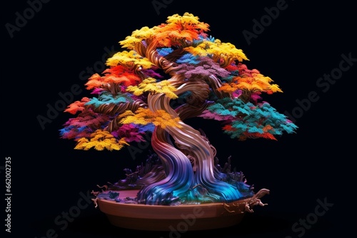 A colorful bonsai tree made of a pine tree. Generative AI