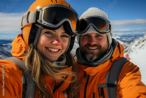 skiers take a selfie on the slopes in winter, winter sports