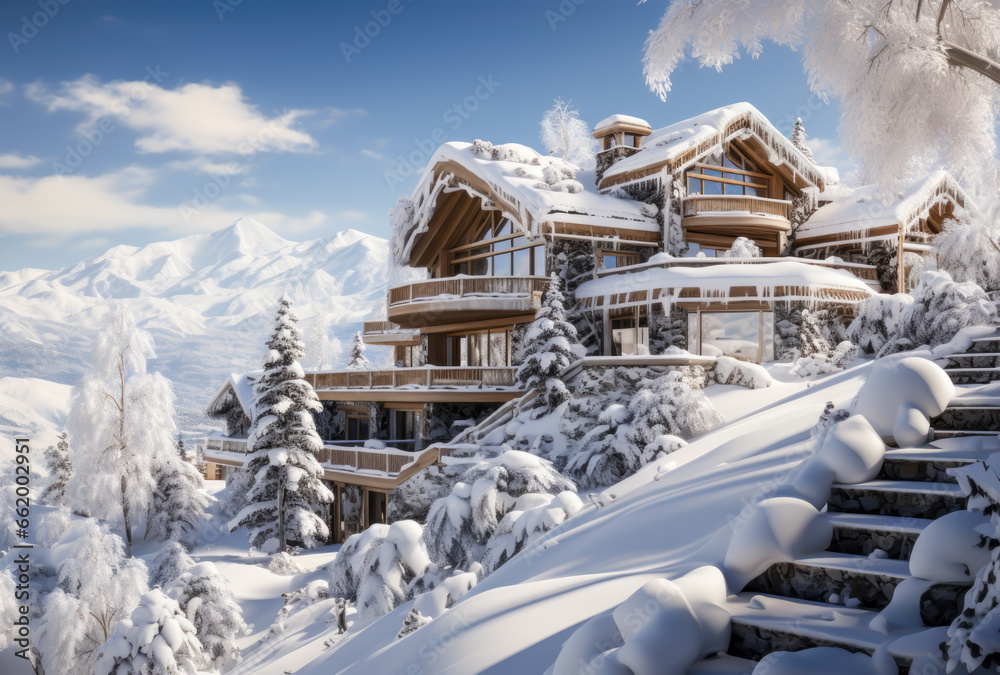 a great resort in the snowy mountains, hotel, skiing, isolated, winter