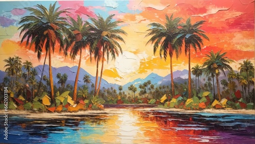 An oil painting of a sunset with palm trees, a stunning aesthetic view © hassani
