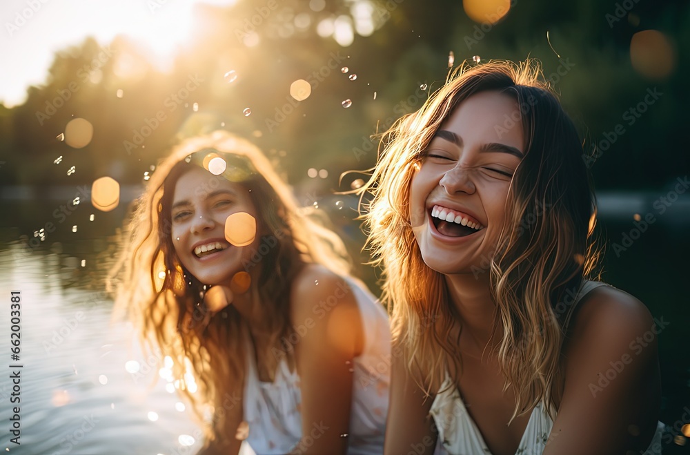 two women friend happy laughing with joy together at lake or river , Generative Ai - obrazy, fototapety, plakaty 