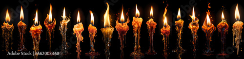 An ultra-wide collage of brightly burning candles, their flames dancing gracefully, their melted wax forms intricate patterns and pools of liquid light photo