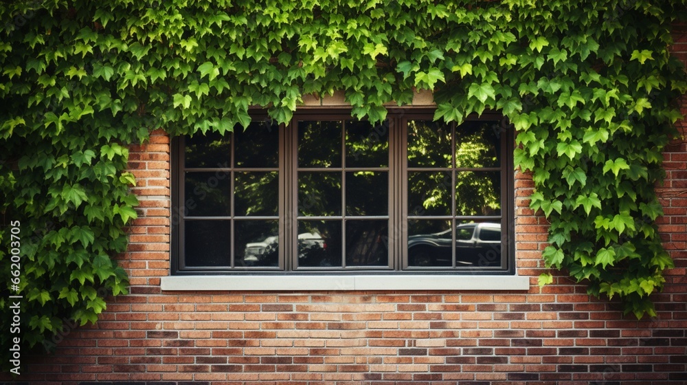 A double-hung window framed by ivy on a brick wall.