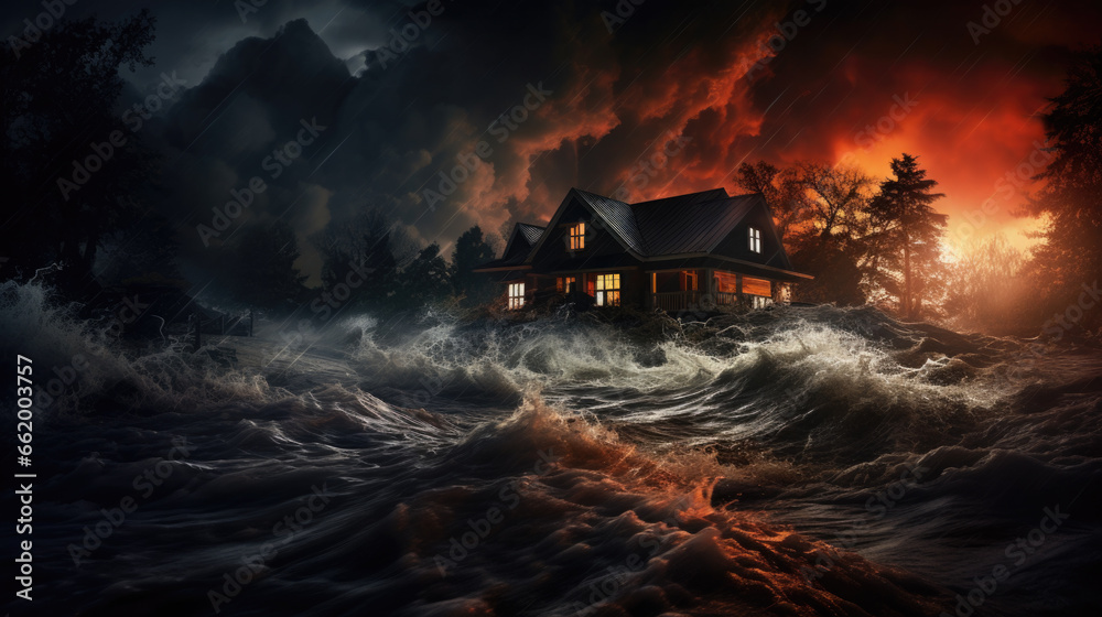 Violent storm with a house. Disaster scenario.