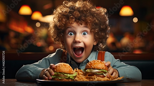 a boy looks at the camera, smiling and surprised with burgers and french fries