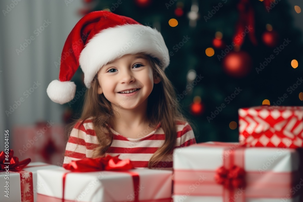 Portrait of little smiling girl in santa hat near the christmas tree with gift boxes at home. Merry Christmas and Happy New Year concept Portrait of little smiling girl in santa hat near the christmas tree with gift boxes at home. Merry Christmas and Happy New Year concept