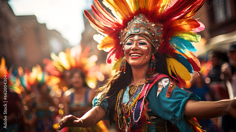 woman celebrating the Bolivian carnival, dancing with her colorful and feather mask, Latin American culture and tradition, street carnival, typical Bolivian clothing, native and aboriginal festivals