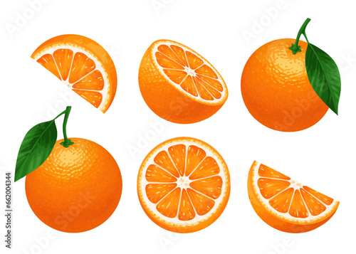 Orange fruit. Set of oranges isolated on a white background. Whole orange with leaves, cut in half and slices.