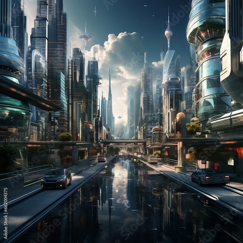Futuristic city with lake, reminiscent of Atlantis, futuristic city scene. Cars in the futuristic city