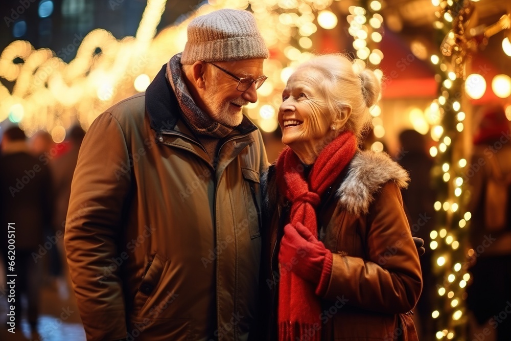 Two elderly people, a woman and a man, enjoy Christmas decorations